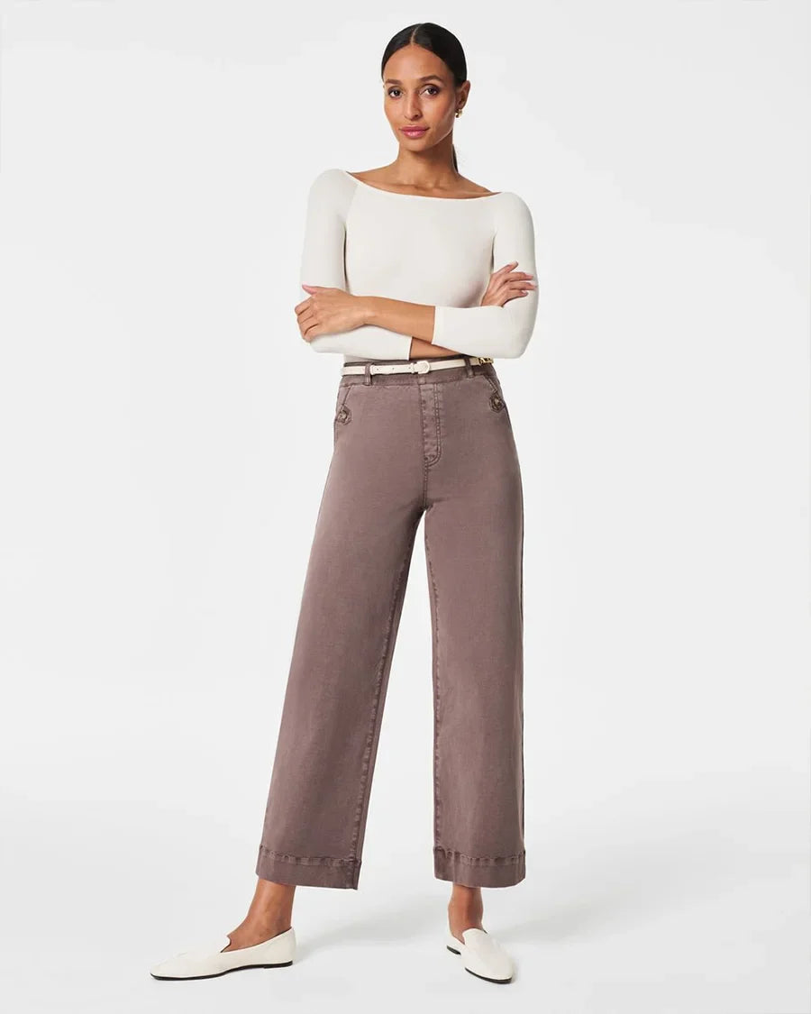 Tummy Control Twill Cropped Wide Leg Pant