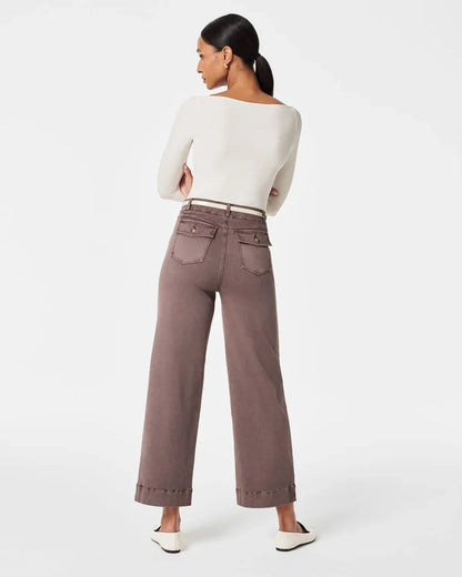 Tummy Control Twill Cropped Wide Leg Pant