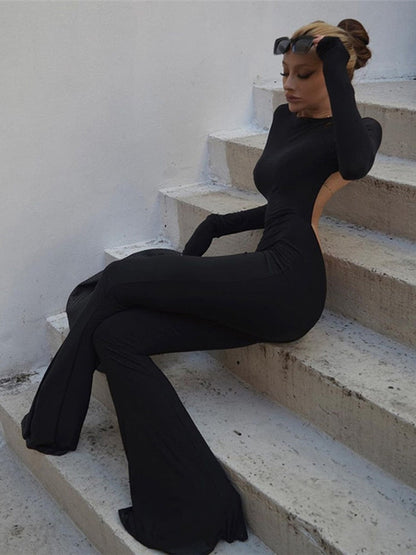 Backless Ribbed Long Sleeve Seamless Jumpsuit